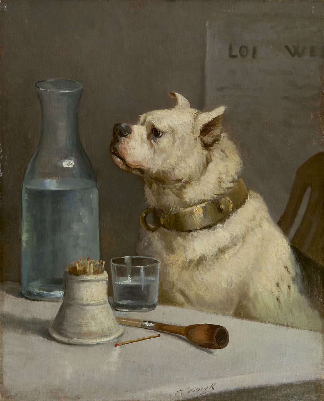 Duyk F. | François Duyk, Hond met een neus voor drank, olieverf op doek 50,1 x 40,1 cm, gesigneerd middenonder Duyk F. | François Duyk, Hond met een neus voor drank, olieverf op doek 50,1 x 40,1 cm, gesigneerd middenonder