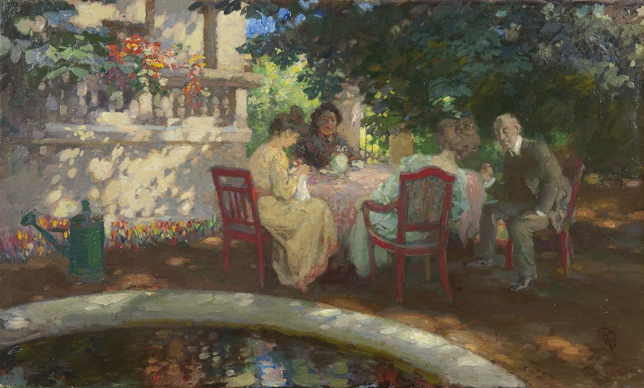 Paede P.  | Paul Paede, Gezelschap in de tuin, olieverf op doek 40,3 x 67,1 cm, gesigneerd rechtsonder met monogram