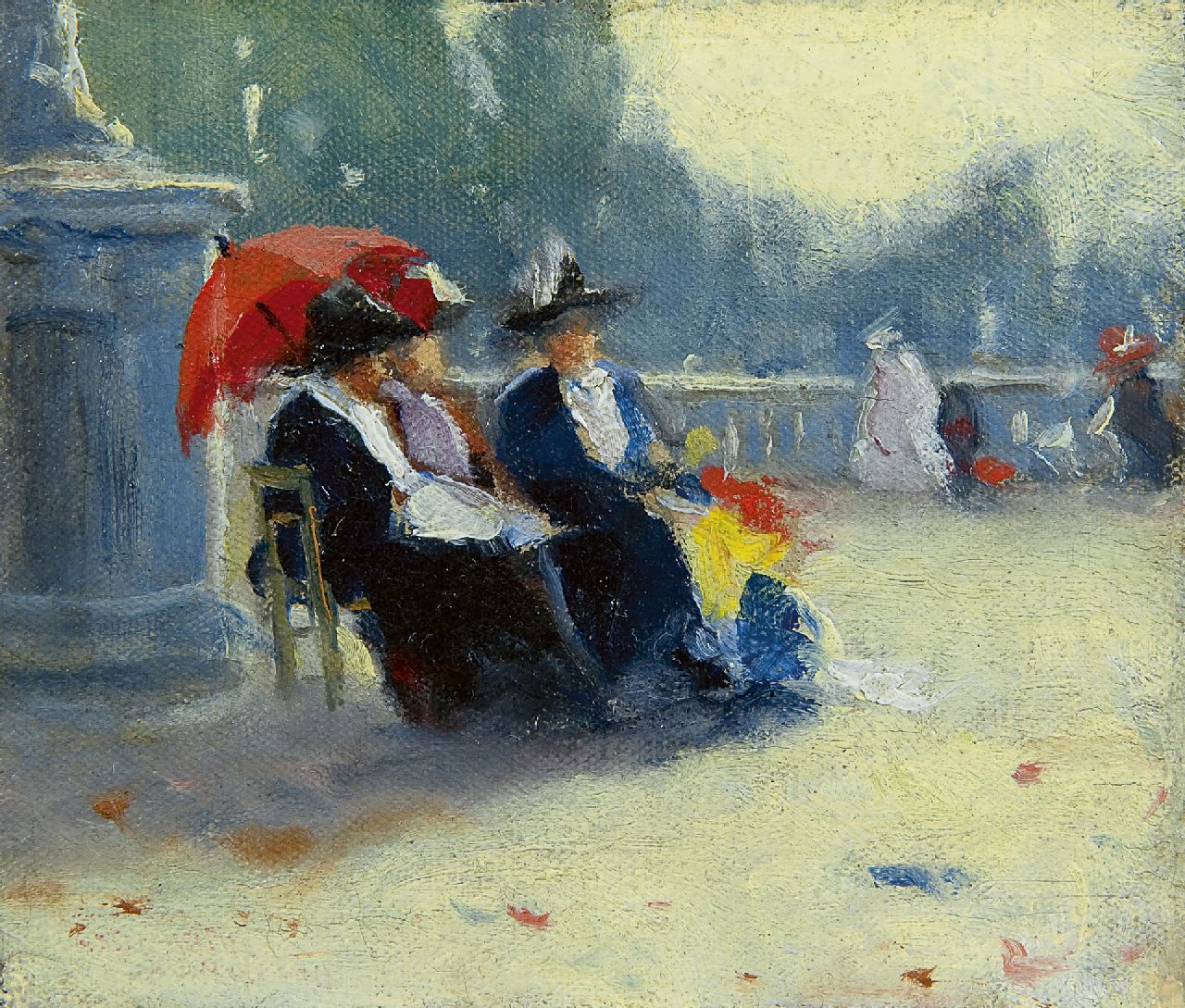 Castle Keith W. | Walter Castle Keith, Vriendinnen in de Jardin du Luxembourg, olieverf op doek op paneel 9,8 x 11,4 cm, gesigneerd verso en verso gedateerd 1911 Castle Keith W. | Walter Castle Keith, Vriendinnen in de Jardin du Luxembourg, olieverf op doek op paneel 9,8 x 11,4 cm, gesigneerd verso en verso gedateerd 1911