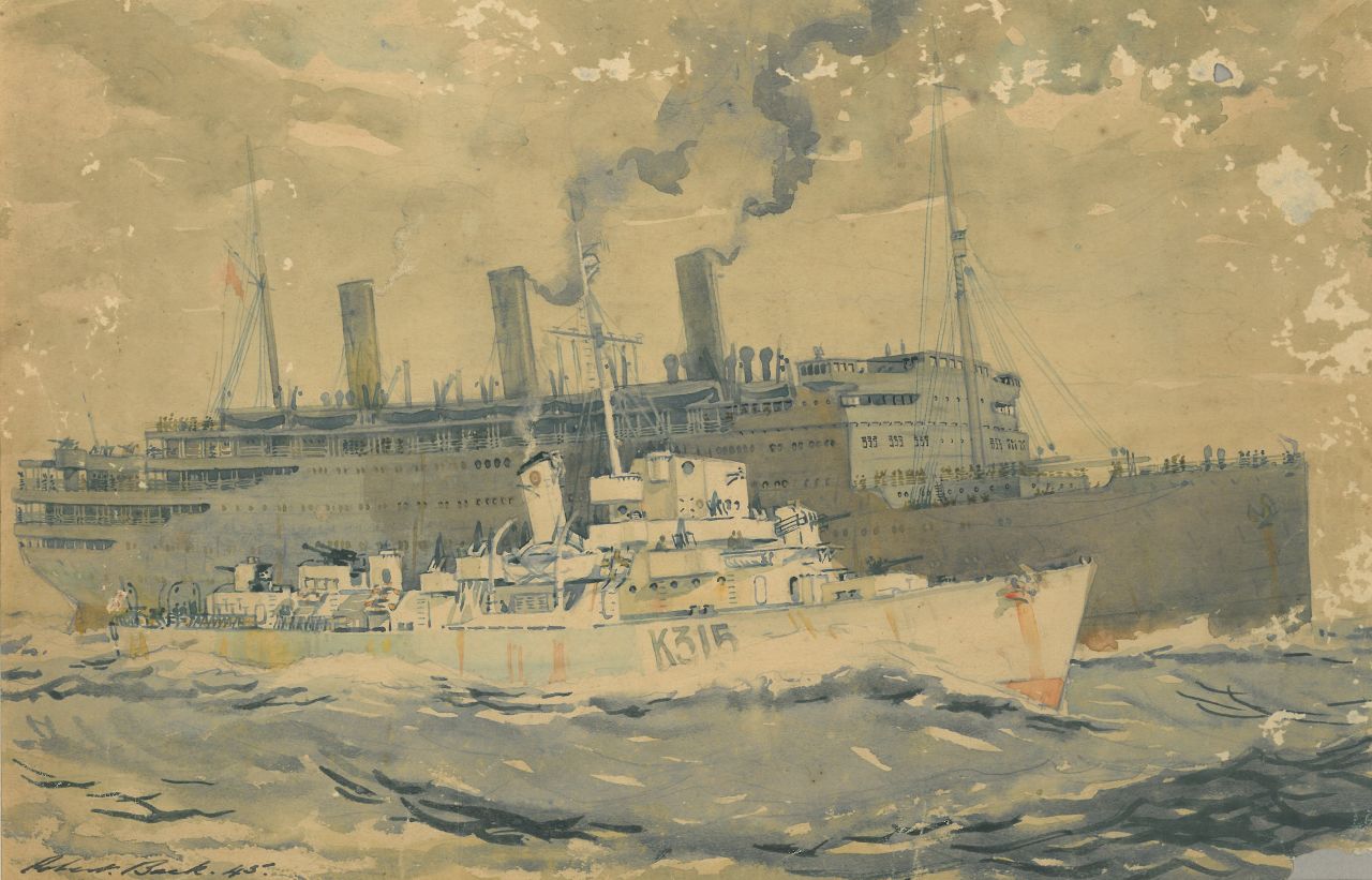 Back R.T. | Robert Trenaman Back | Aquarellen en tekeningen te koop aangeboden | Passagiersschip en marineschip op zee, aquarel op papier 22,0 x 33,8 cm, gesigneerd linksonder en gedateerd '45, zonder lijst Back R.T. | Robert Trenaman Back | Aquarellen en tekeningen te koop aangeboden | Passagiersschip en marineschip op zee, aquarel op papier 22,0 x 33,8 cm, gesigneerd linksonder en gedateerd '45, zonder lijst