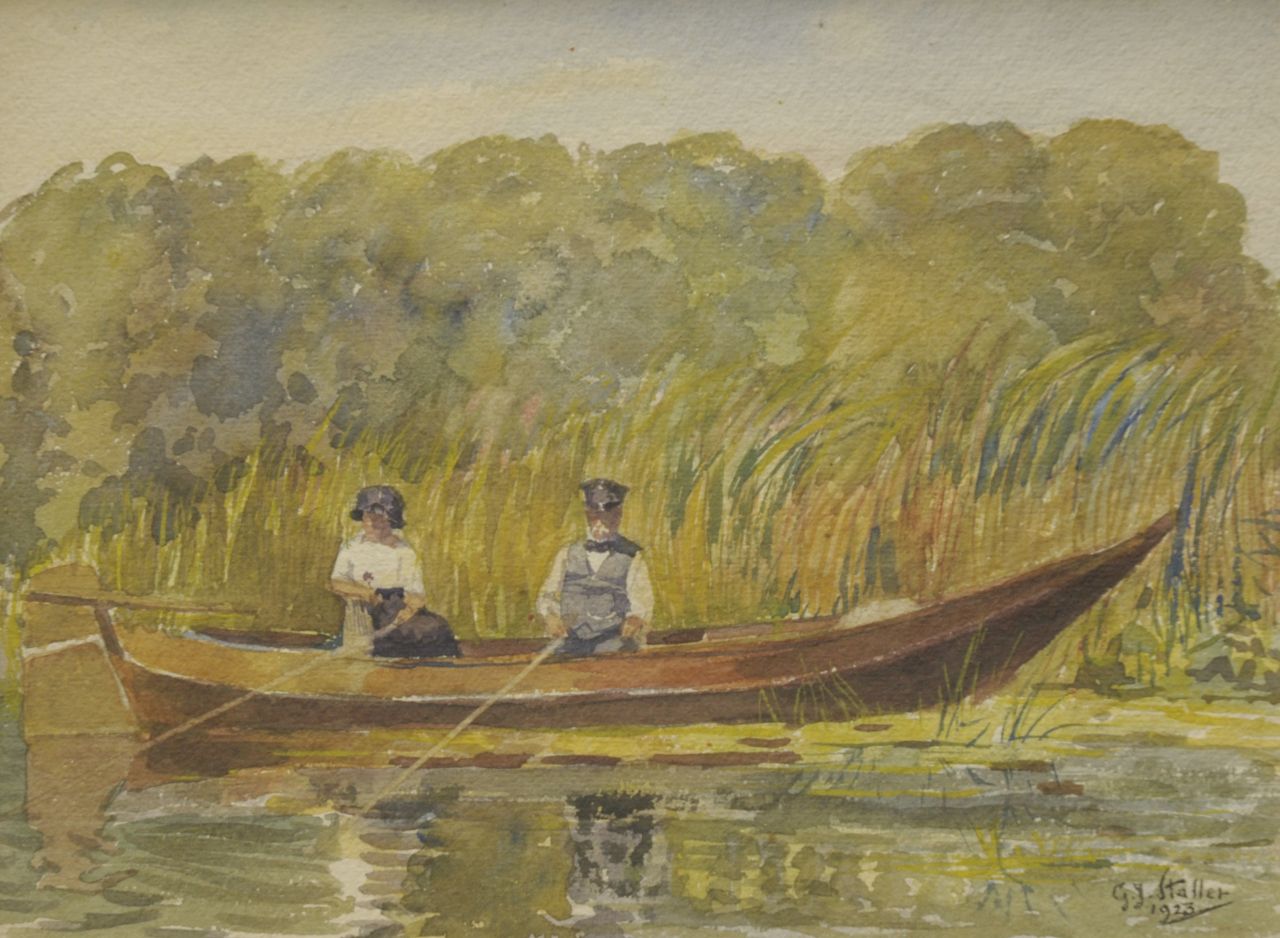 Staller G.J. | Gerard Johan Staller, Vissend echtpaar in roeiboot, aquarel op papier 22,4 x 29,9 cm, gesigneerd rechtsonder en gedateerd 1923 Staller G.J. | Gerard Johan Staller, Vissend echtpaar in roeiboot, aquarel op papier 22,4 x 29,9 cm, gesigneerd rechtsonder en gedateerd 1923