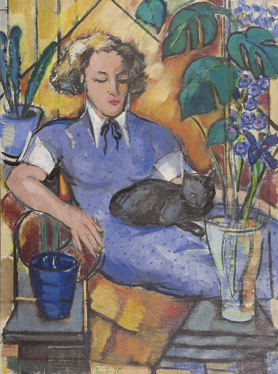 Saalborn L.A.A. | 'Louis' Alexander Abraham Saalborn, Vrouw met poes, olieverf op doek 120,8 x 90,4 cm, gesigneerd middenonder met initialen en gedateerd '50 Saalborn L.A.A. | 'Louis' Alexander Abraham Saalborn, Vrouw met poes, olieverf op doek 120,8 x 90,4 cm, gesigneerd middenonder met initialen en gedateerd '50