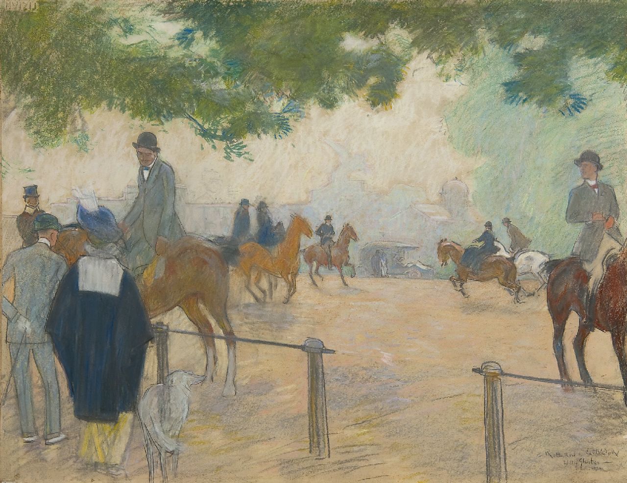 Sluiter J.W. | Jan Willem 'Willy' Sluiter, Rotten Row, Londen, pastel op papier op schildersboard 48,5 x 62,5 cm, gesigneerd rechtsonder en gedateerd 1914 Sluiter J.W. | Jan Willem 'Willy' Sluiter, Rotten Row, Londen, pastel op papier op schildersboard 48,5 x 62,5 cm, gesigneerd rechtsonder en gedateerd 1914