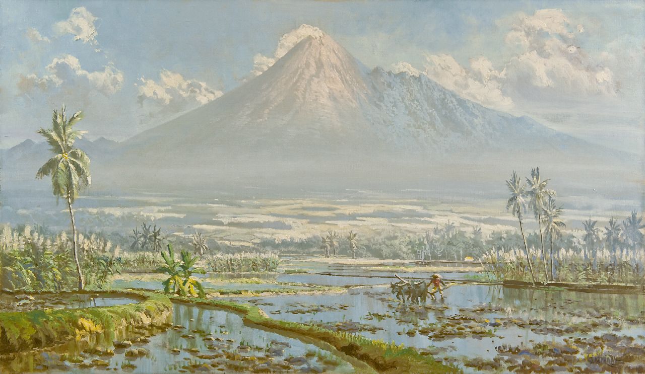 Abdullah R.B. | Raden Basoeki Abdullah, Ploegende Javaanse boer met op de achtergrond de Merapi, olieverf op doek 75,0 x 130,0 cm, gesigneerd rechtsonder Abdullah R.B. | Raden Basoeki Abdullah, Ploegende Javaanse boer met op de achtergrond de Merapi, olieverf op doek 75,0 x 130,0 cm, gesigneerd rechtsonder