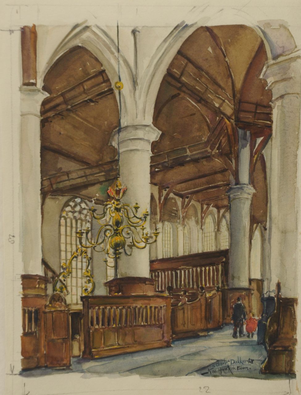 Dekker N.C.  | Nicolas Charles Dekker, Interieur van de Nederlands Hervormde Kerk, Edam, aquarel op papier 32,5 x 24,4 cm, gesigneerd rechtsonder en gedateerd '48