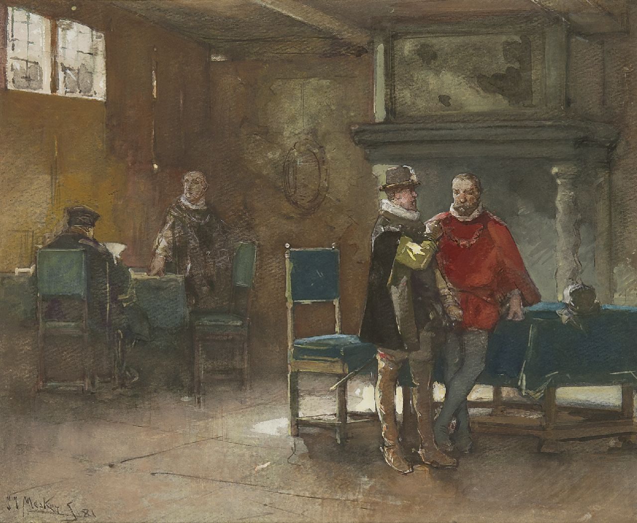 Mesker J.J. | Johannes Jacobus 'Jan' Mesker, Ontmoeting van de Prins van Oranje met de graaf van Egmond te Willebroek, 1567, gouache op papier 25,0 x 30,8 cm, gesigneerd linksonder en gedateerd '81 Mesker J.J. | Johannes Jacobus 'Jan' Mesker, Ontmoeting van de Prins van Oranje met de graaf van Egmond te Willebroek, 1567, gouache op papier 25,0 x 30,8 cm, gesigneerd linksonder en gedateerd '81