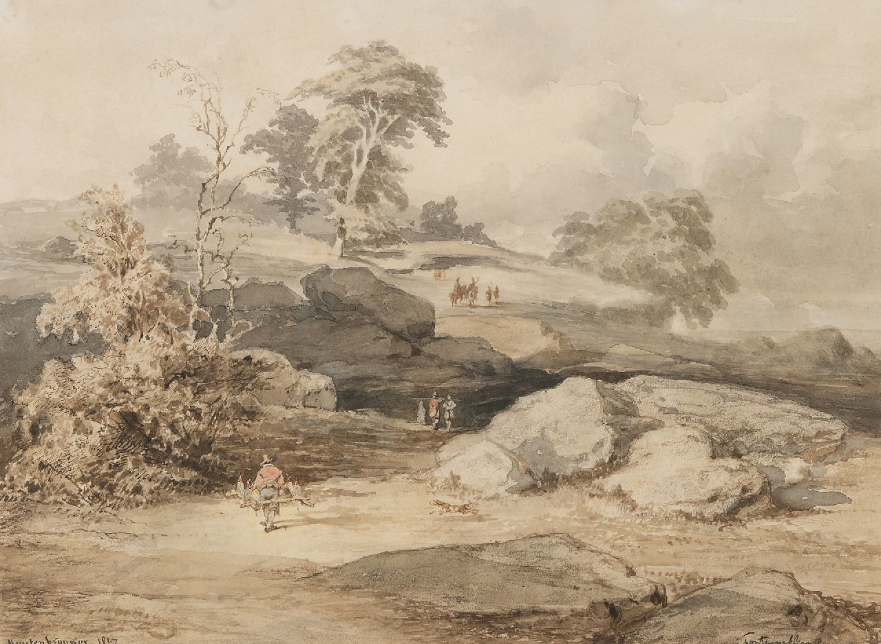 Martinus Antonius Kuytenbrouwer II | Valkenjacht bij de rotsen van Cuvier Chatillon in het bos van Fontainebleau, bruine inkt, zwart krijt en aquarel op papier, 24,6 x 34,0 cm, gesigneerd l.o. en gedateerd 1847