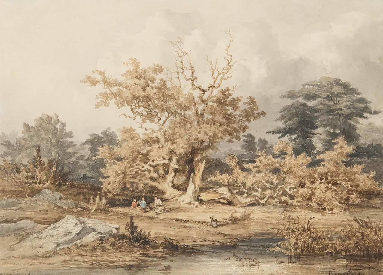 Kuytenbrouwer II M.A.  | Martinus Antonius Kuytenbrouwer II | Aquarellen en tekeningen te koop aangeboden | Gezicht in het bos van Fontainebleau, bruine inkt, zwart krijt en aquarel op papier 24,6 x 34,0 cm, gesigneerd rechtsonder