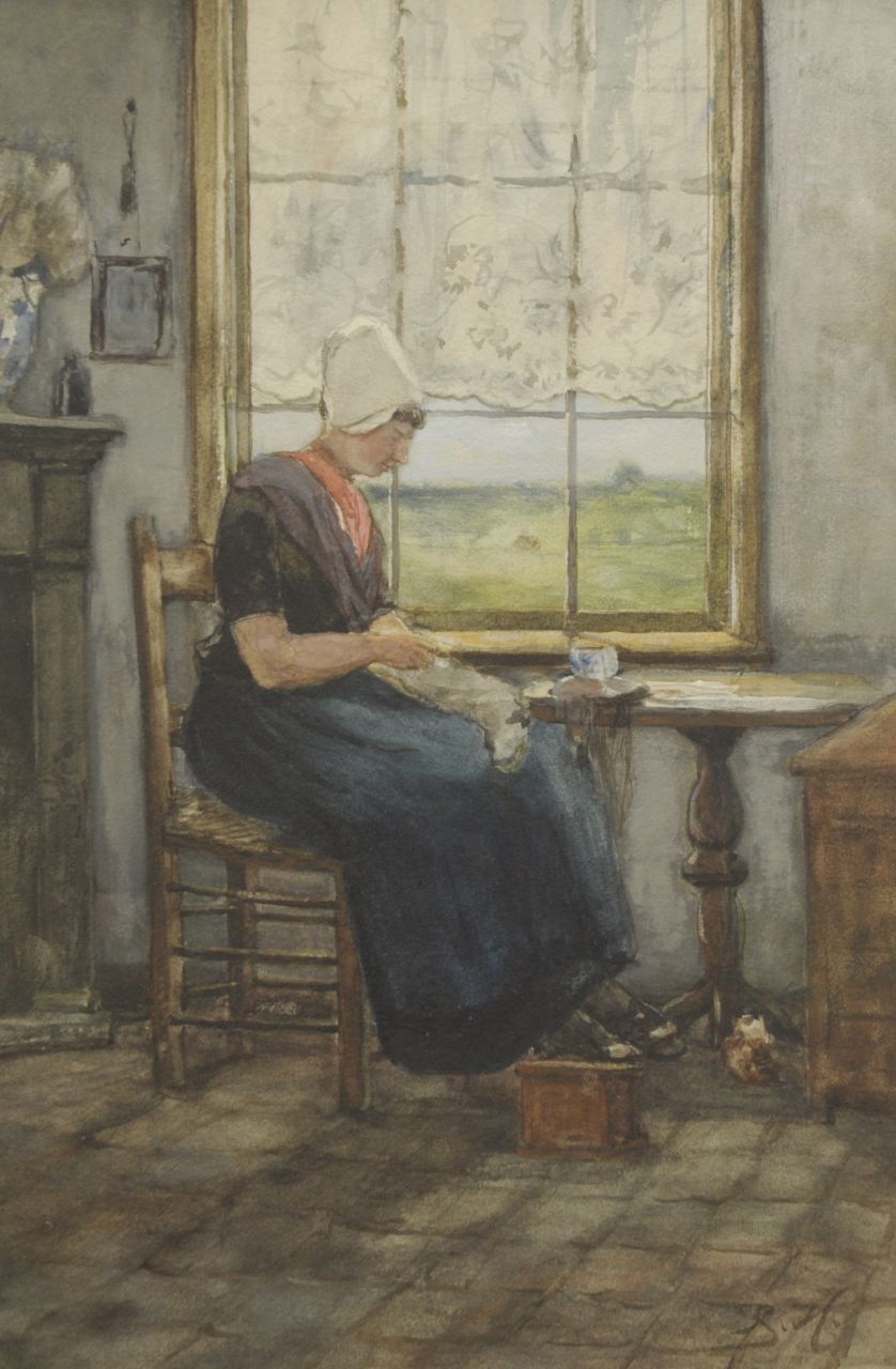 Hollandse School, 19e eeuw | Hollandse School, 19e eeuw, Walcherse boerin in interieur, aquarel op papier 38,7 x 25,4 cm, gesigneerd rechtsonder met initialen Hollandse School, 19e eeuw | Hollandse School, 19e eeuw, Walcherse boerin in interieur, aquarel op papier 38,7 x 25,4 cm, gesigneerd rechtsonder met initialen