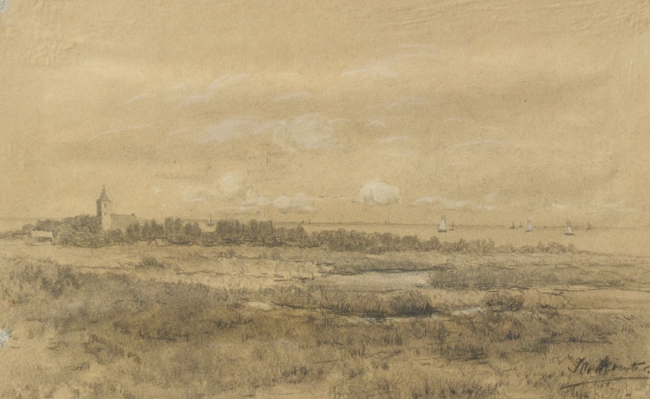 Deventer J.C. van | Johanna Cornelia van Deventer, Gezicht op Huizen, zwart krijt en aquarel op papier 19,2 x 30,3 cm, gesigneerd rechtsonder