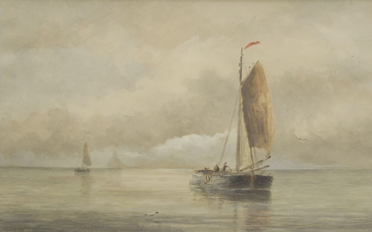 Laan G. van der | Gerard van der Laan, Bomschuit op kalme zee, aquarel op papier 31,2 x 49,6 cm, gesigneerd linksonder Laan G. van der | Gerard van der Laan, Bomschuit op kalme zee, aquarel op papier 31,2 x 49,6 cm, gesigneerd linksonder