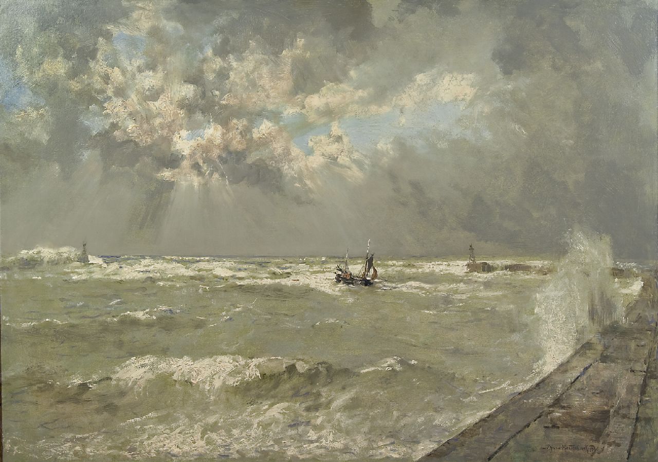 Mastenbroek J.H. van | Johan Hendrik van Mastenbroek, Een logger bij ruw weer, Scheveningse haven, olieverf op doek 70,3 x 100,1 cm, gesigneerd rechtsonder en gedateerd 1936
