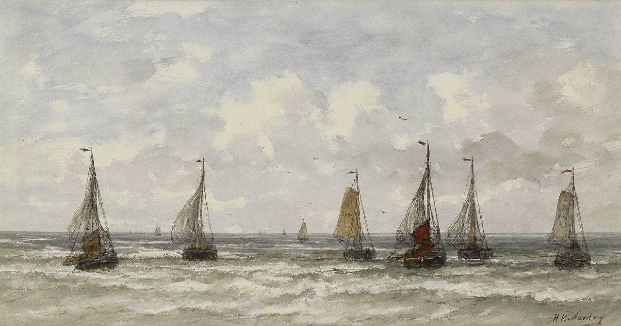 Mesdag H.W.  | Hendrik Willem Mesdag, Bomschuiten in de branding, aquarel en gouache op papier 34,7 x 65,7 cm, gesigneerd rechtsonder