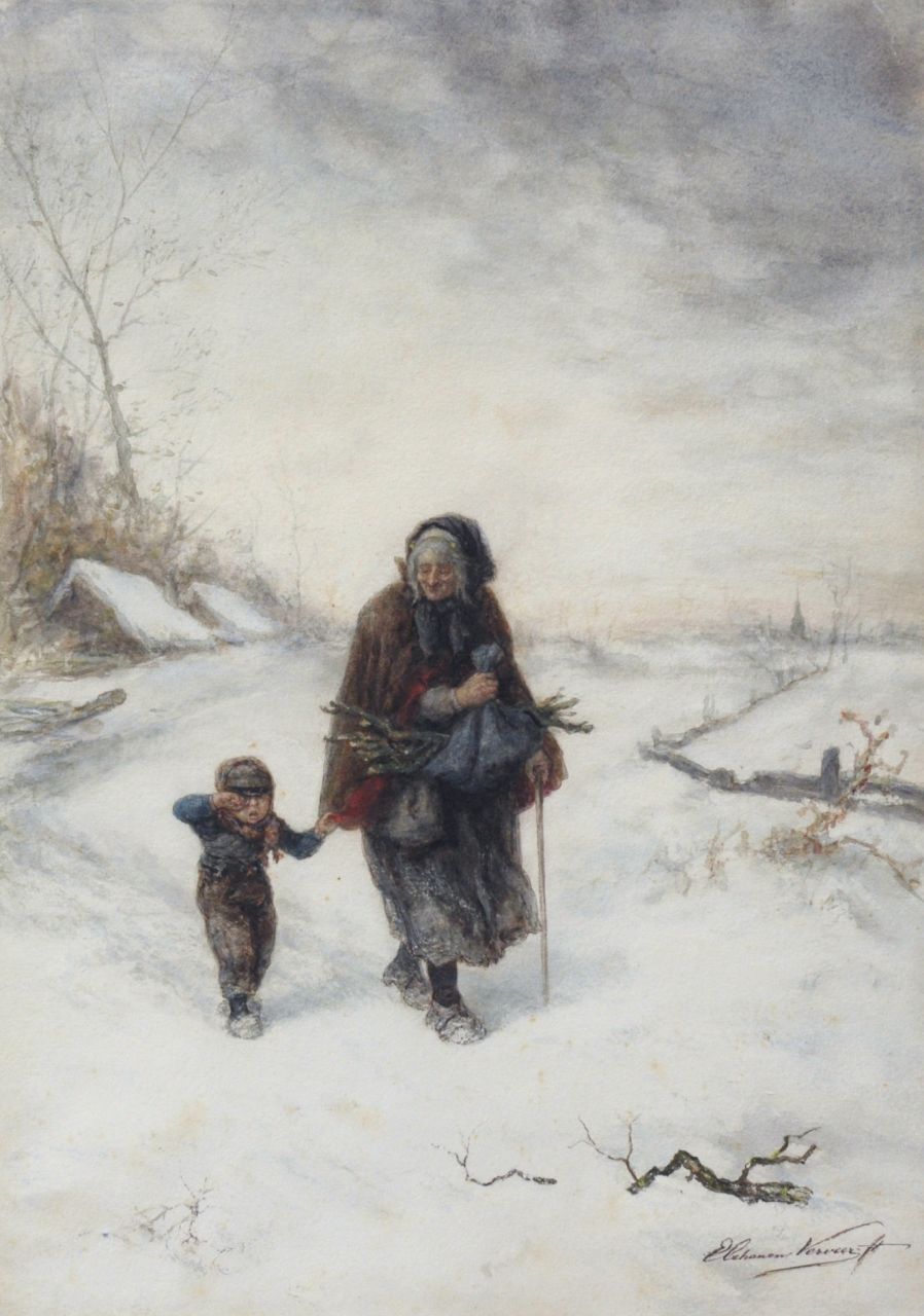 Verveer E.L.  | 'Elchanon' Leonardus Verveer, Hout sprokkelen in de sneeuw, pen en inkt en aquarel op papier 52,9 x 37,5 cm, gesigneerd rechtsonder