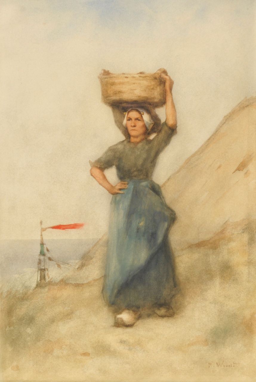 Windt P.P. | Philip Pieter Windt, Scheveningse vissersvrouw in de duinen, aquarel op papier 56,0 x 38,8 cm, gesigneerd rechtsonder Windt P.P. | Philip Pieter Windt, Scheveningse vissersvrouw in de duinen, aquarel op papier 56,0 x 38,8 cm, gesigneerd rechtsonder