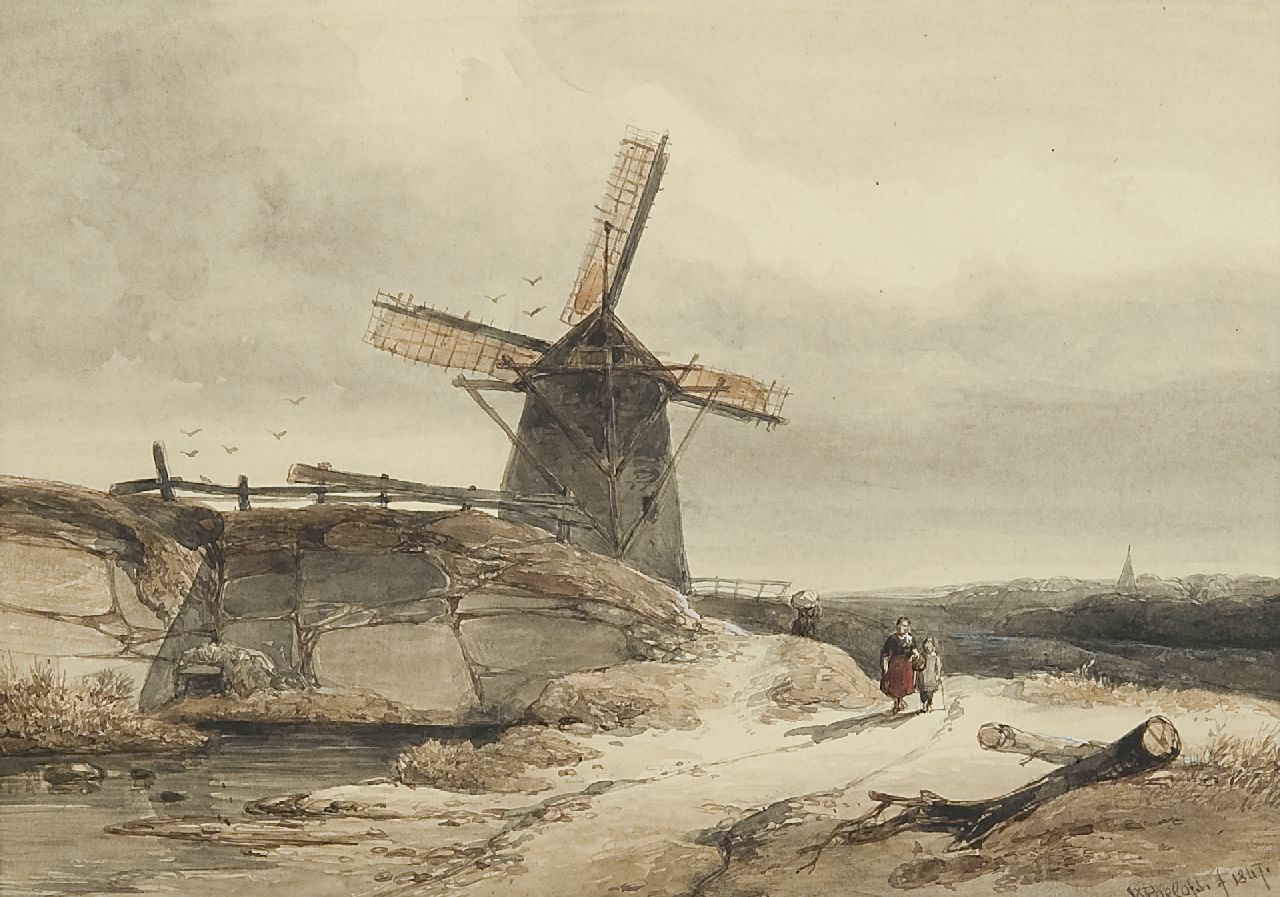 Roelofs W. | Willem Roelofs, Molen in heuvelachtig landschap, inkt en aquarel op papier 19,9 x 28,0 cm, gesigneerd rechtsonder en gedateerd 1847 Roelofs W. | Willem Roelofs, Molen in heuvelachtig landschap, inkt en aquarel op papier 19,9 x 28,0 cm, gesigneerd rechtsonder en gedateerd 1847