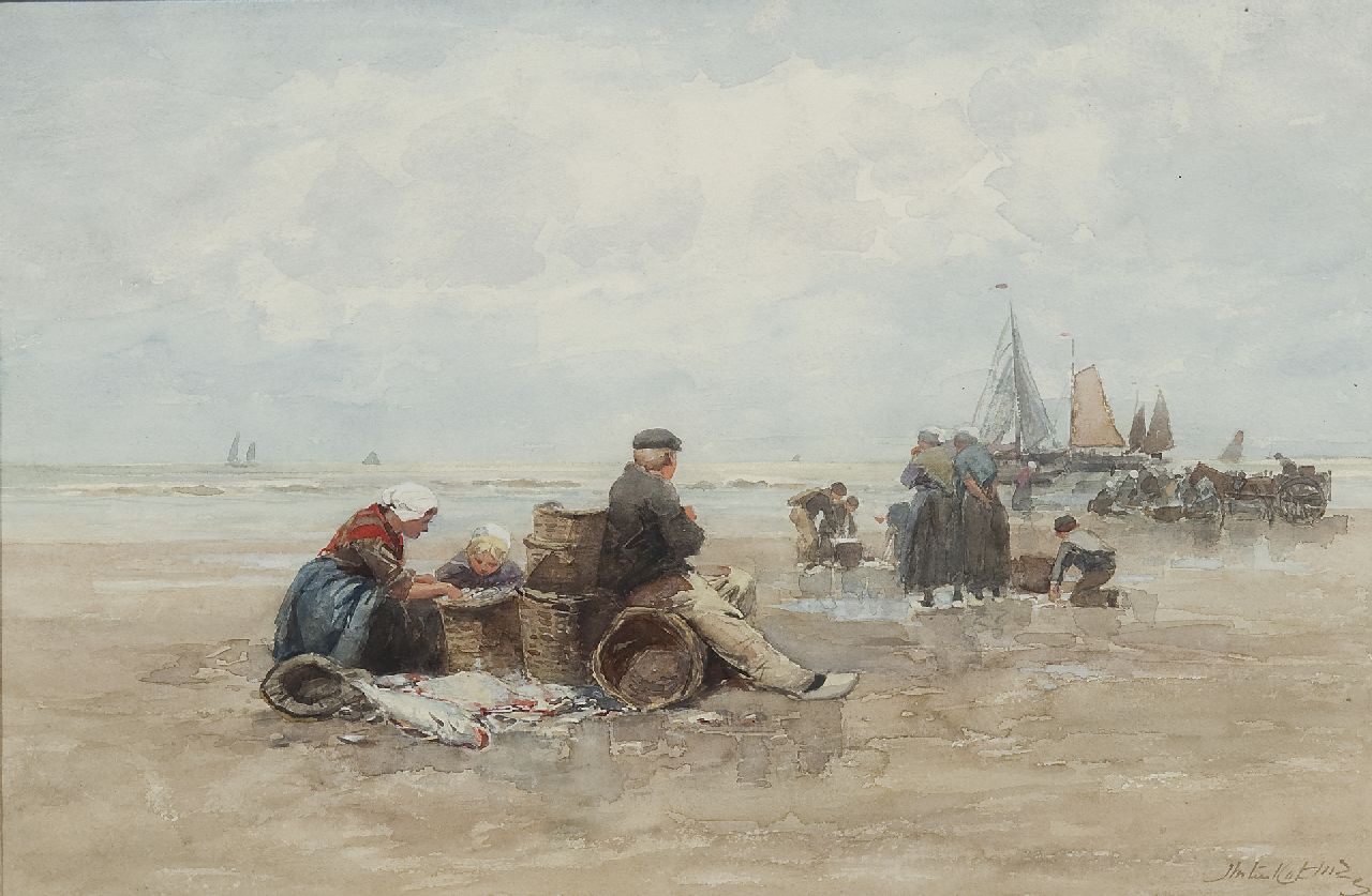 Kate J.M. ten | Johannes Marius ten Kate, Scheveningse vissersfamilie op het strand, aquarel en olieverf op papier 29,8 x 45,2 cm, gesigneerd rechtsonder Kate J.M. ten | Johannes Marius ten Kate, Scheveningse vissersfamilie op het strand, aquarel en olieverf op papier 29,8 x 45,2 cm, gesigneerd rechtsonder