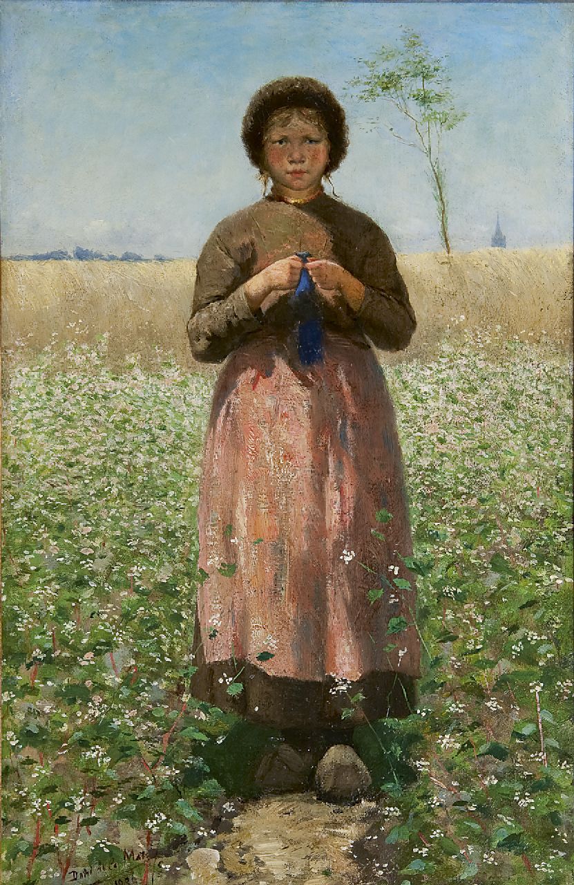 Mar D. de la | David de la Mar, Breiend meisje in bloeiende boekweitakker, olieverf op doek 54,2 x 35,0 cm, gesigneerd linksonder en gedateerd 1886 Mar D. de la | David de la Mar, Breiend meisje in bloeiende boekweitakker, olieverf op doek 54,2 x 35,0 cm, gesigneerd linksonder en gedateerd 1886
