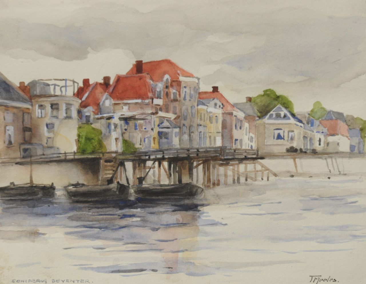 Meeles T.F.C.  | Theodorus Frederik Carel Meeles, Gezicht op Deventer met de Schipbrug over de IJssel, inkt en aquarel op papier 17,6 x 22,7 cm, gesigneerd rechtsonder