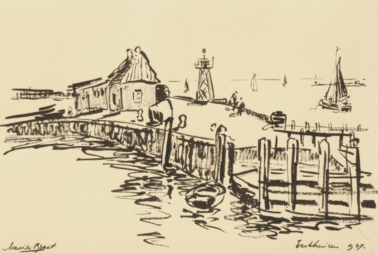 Braat-Rolvink M.  | Maaike Braat-Rolvink, De haven van Enkhuizen, Oost-Indische inkt op papier 23,0 x 32,5 cm, gesigneerd linksonder en gedateerd 1947