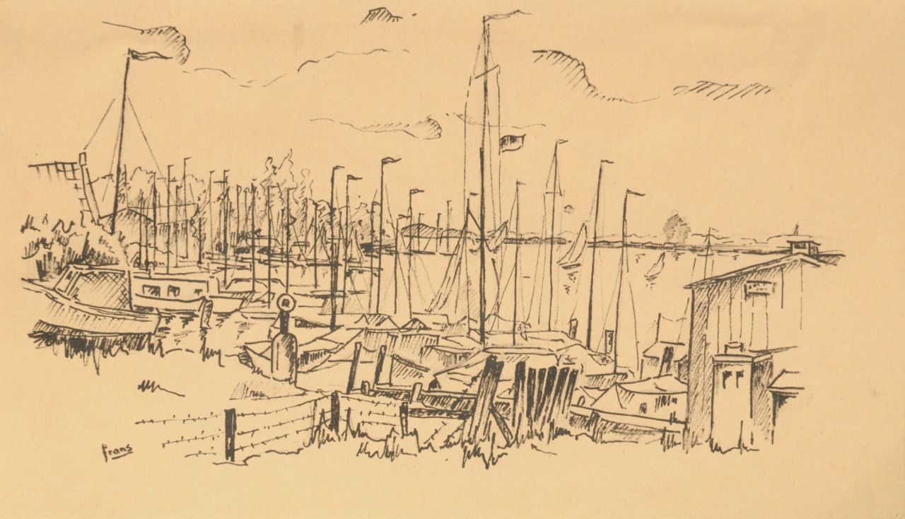 Letanche F. | Frans Letanche, Jachthavenscene, pen en inkt op papier 17,8 x 30,7 cm, gesigneerd linksonder en verso Letanche F. | Frans Letanche, Jachthavenscene, pen en inkt op papier 17,8 x 30,7 cm, gesigneerd linksonder en verso