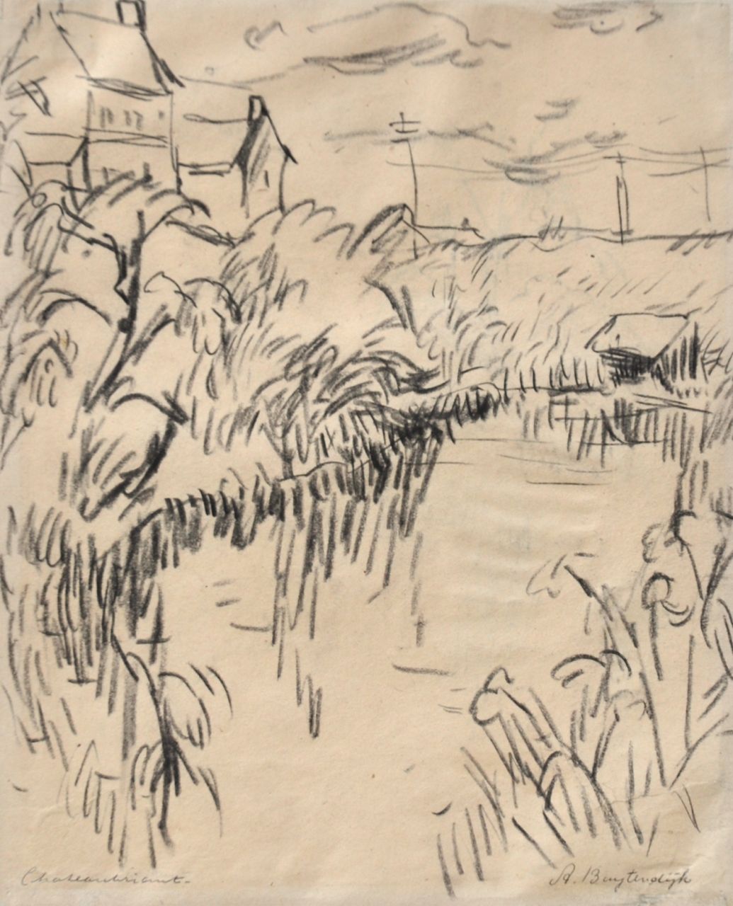 Buytendijk A.F.J.  | Antonie Frederik Jacobus 'Anton' Buytendijk, Landschap bij Chateaubriant, Frankrijk, zwart krijt op papier 28,1 x 22,7 cm, gesigneerd rechtsonder