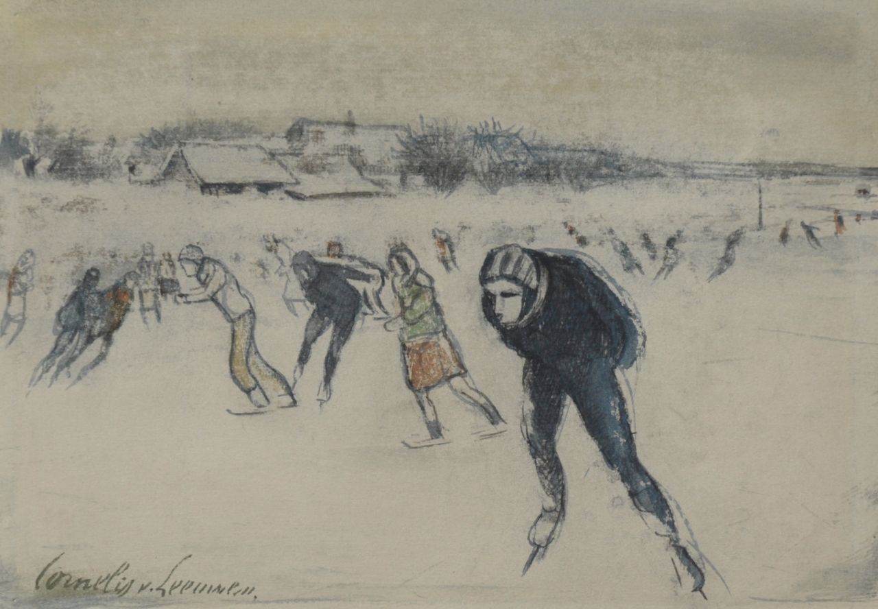 Leeuwen C.G. van | Cornelis Gerrit van Leeuwen, Schaatsers, krijt, inkt en aquarel op papier 14,3 x 20,1 cm, gesigneerd linksonder Leeuwen C.G. van | Cornelis Gerrit van Leeuwen, Schaatsers, krijt, inkt en aquarel op papier 14,3 x 20,1 cm, gesigneerd linksonder