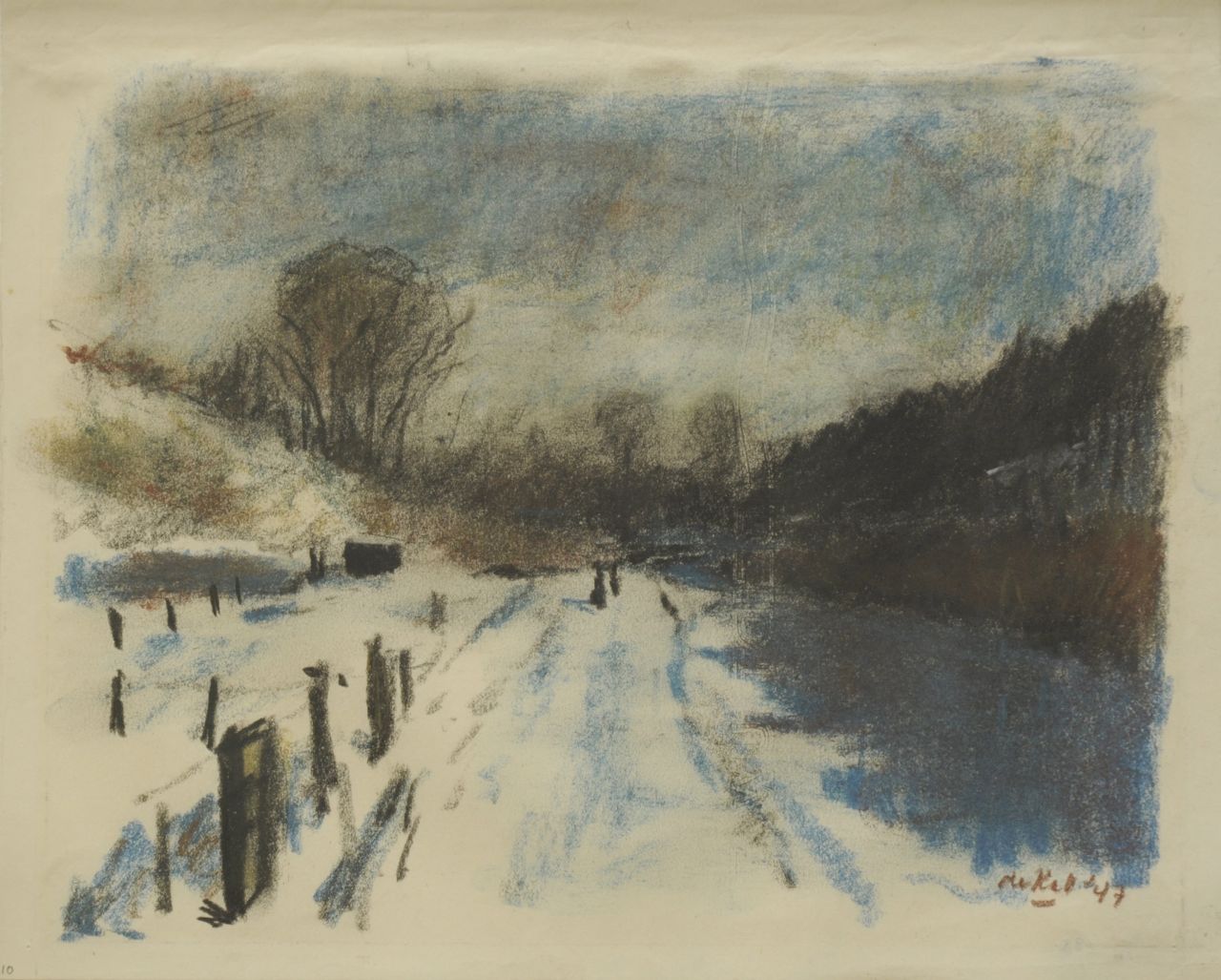 Kat O.B. de | 'Otto' Boudewijn de Kat, Sneeuwlandschap, pastel op papier 21,8 x 27,0 cm, gesigneerd rechtsonder en gedateerd '47 Kat O.B. de | 'Otto' Boudewijn de Kat, Sneeuwlandschap, pastel op papier 21,8 x 27,0 cm, gesigneerd rechtsonder en gedateerd '47