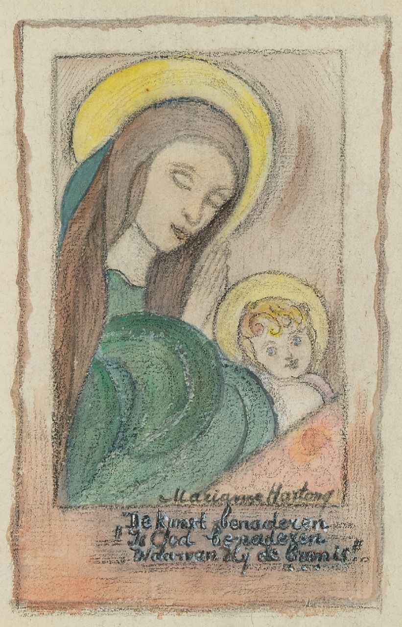 Hartong M.A.E.  | Maria Anna Elisabeth ‘Marianne’ Hartong | Aquarellen en tekeningen te koop aangeboden | Madonna met kind, krijt en aquarel op papier 21,9 x 15,2 cm, gesigneerd rechtsonder