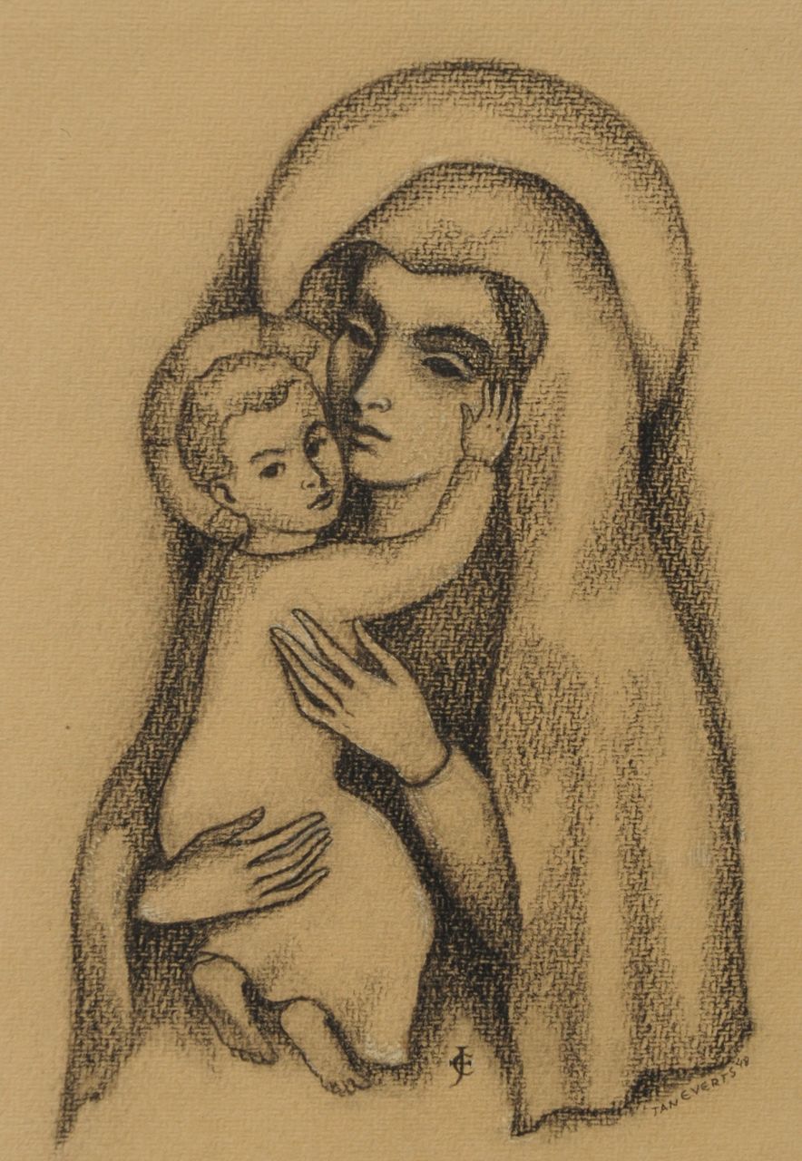 Everts J.H.A. | Johannes Hendricus Antonius ‘Jan’ Everts, Madonna met kind, zwart krijt op papier 28,2 x 20,7 cm, gesigneerd middenonder met monogram en rechtsonder voluit en gedateerd '48 Everts J.H.A. | Johannes Hendricus Antonius ‘Jan’ Everts, Madonna met kind, zwart krijt op papier 28,2 x 20,7 cm, gesigneerd middenonder met monogram en rechtsonder voluit en gedateerd '48