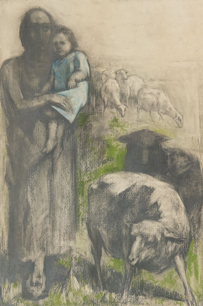 Bautz D. | David Bautz | Aquarellen en tekeningen te koop aangeboden | Schaapherder met kind, pastel op papier 47,6 x 32,2 cm, gesigneerd rechtsonder Bautz D. | David Bautz | Aquarellen en tekeningen te koop aangeboden | Schaapherder met kind, pastel op papier 47,6 x 32,2 cm, gesigneerd rechtsonder