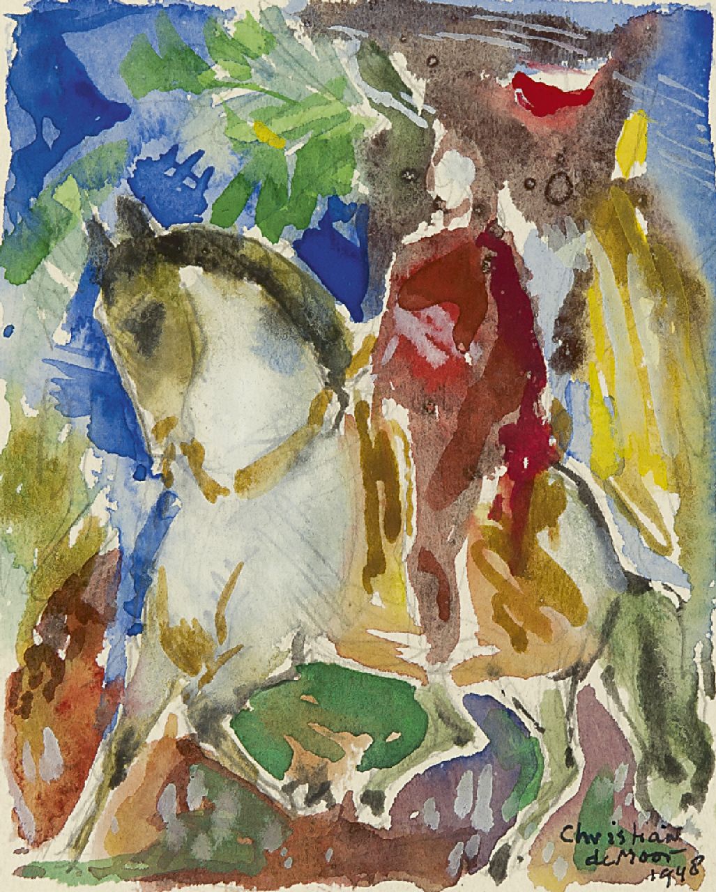 Moor C.N.E. de | Christiaan Nicolaas Everard 'Chris' de Moor, Ruiter te paard, aquarel op papier 14,0 x 11,3 cm, gesigneerd rechtsonder en gedateerd 1948 Moor C.N.E. de | Christiaan Nicolaas Everard 'Chris' de Moor, Ruiter te paard, aquarel op papier 14,0 x 11,3 cm, gesigneerd rechtsonder en gedateerd 1948