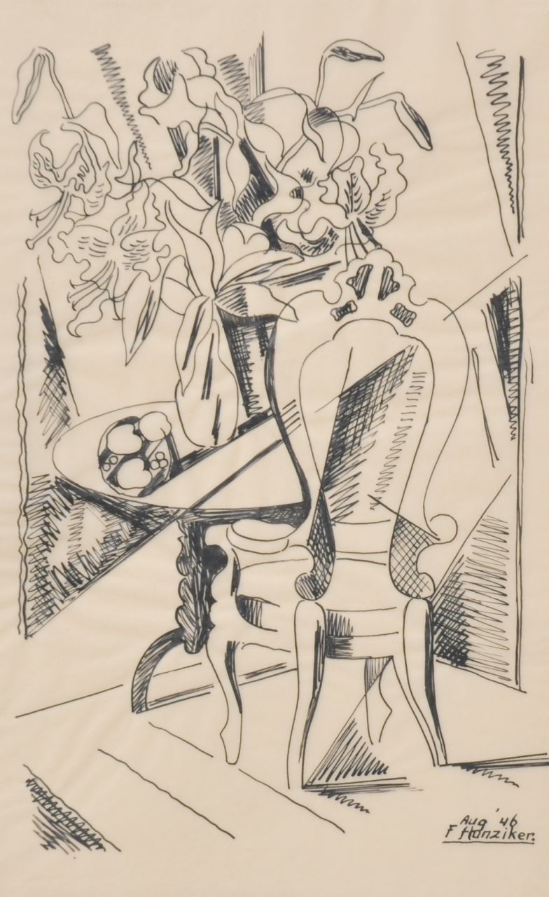 Hunziker F. | Frieda Hunziker, Stilleven met bloemen op een tafel en een stoel, pen en inkt op vellum 33,4 x 23,5 cm, gesigneerd rechtsonder en gedateerd Aug '46 Hunziker F. | Frieda Hunziker, Stilleven met bloemen op een tafel en een stoel, pen en inkt op vellum 33,4 x 23,5 cm, gesigneerd rechtsonder en gedateerd Aug '46