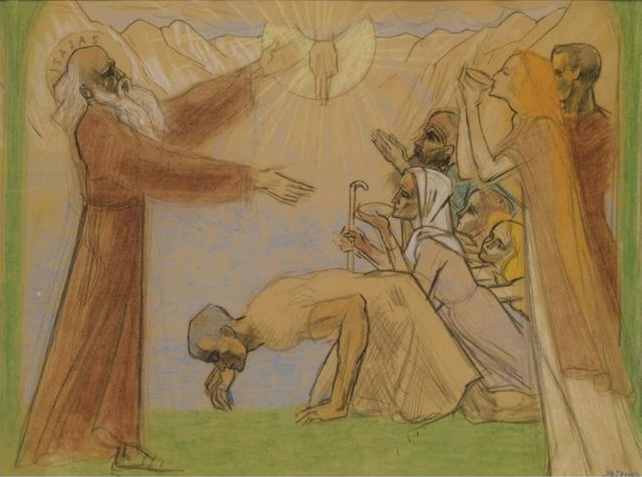 Toorop J.Th. | Johannes Theodorus 'Jan' Toorop, De roeping van Jesaja, gekleurd krijt op papier 43,5 x 58,0 cm, gesigneerd rechtsonder en gedateerd 1914 Toorop J.Th. | Johannes Theodorus 'Jan' Toorop, De roeping van Jesaja, gekleurd krijt op papier 43,5 x 58,0 cm, gesigneerd rechtsonder en gedateerd 1914