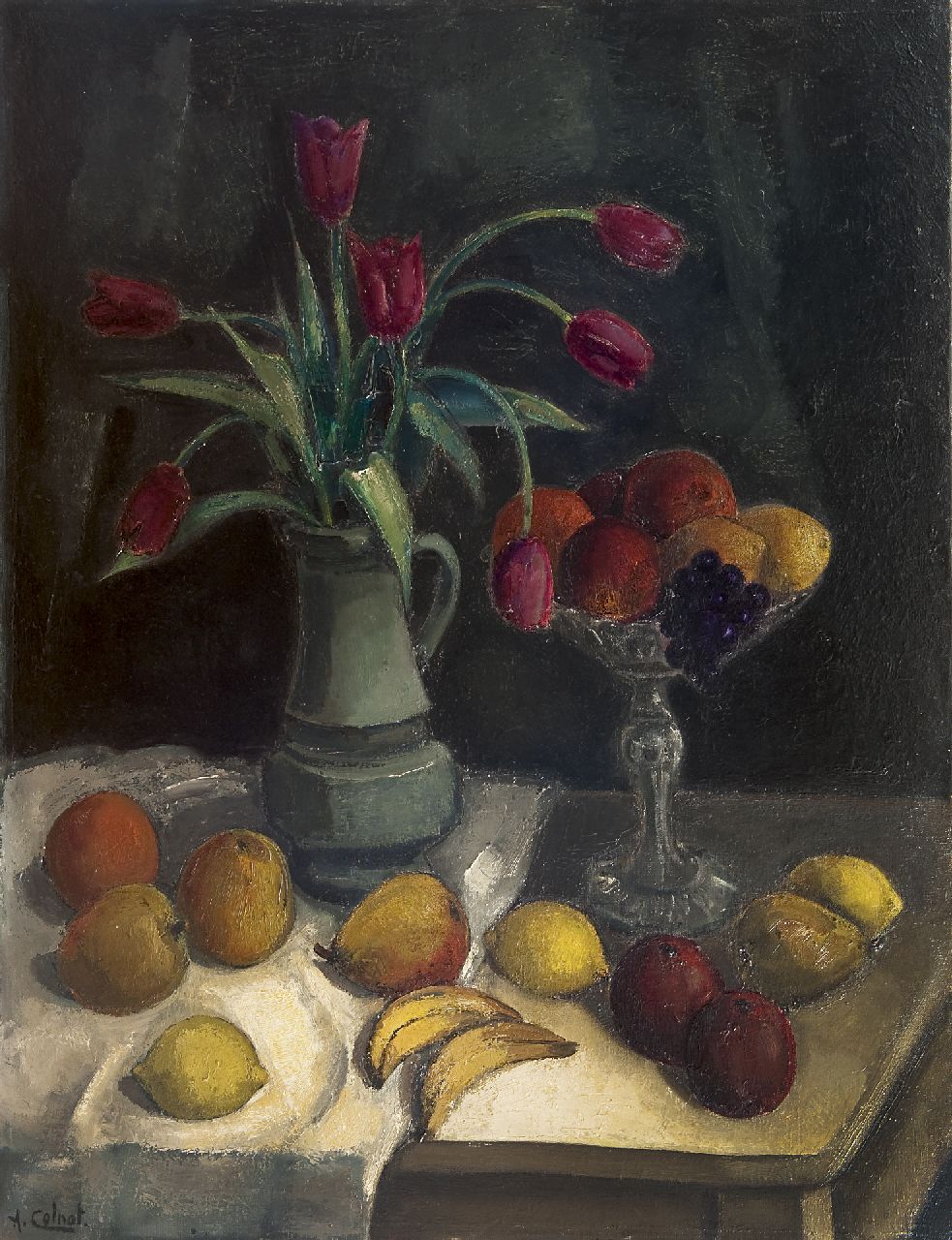 Colnot A.J.G. | 'Arnout' Jacobus Gustaaf Colnot, Stilleven met fruit en tulpen op een tafel, olieverf op doek 92,2 x 70,4 cm, gesigneerd linksonder Colnot A.J.G. | 'Arnout' Jacobus Gustaaf Colnot, Stilleven met fruit en tulpen op een tafel, olieverf op doek 92,2 x 70,4 cm, gesigneerd linksonder