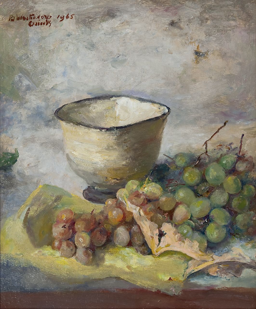 Westendorp-Osieck J.E. | Johanna Elisabeth 'Betsy' Westendorp-Osieck, Stilleven met druiven en kom, olieverf op schildersboard 45,9 x 37,9 cm, gesigneerd linksboven en gedateerd 1965 Westendorp-Osieck J.E. | Johanna Elisabeth 'Betsy' Westendorp-Osieck, Stilleven met druiven en kom, olieverf op schildersboard 45,9 x 37,9 cm, gesigneerd linksboven en gedateerd 1965