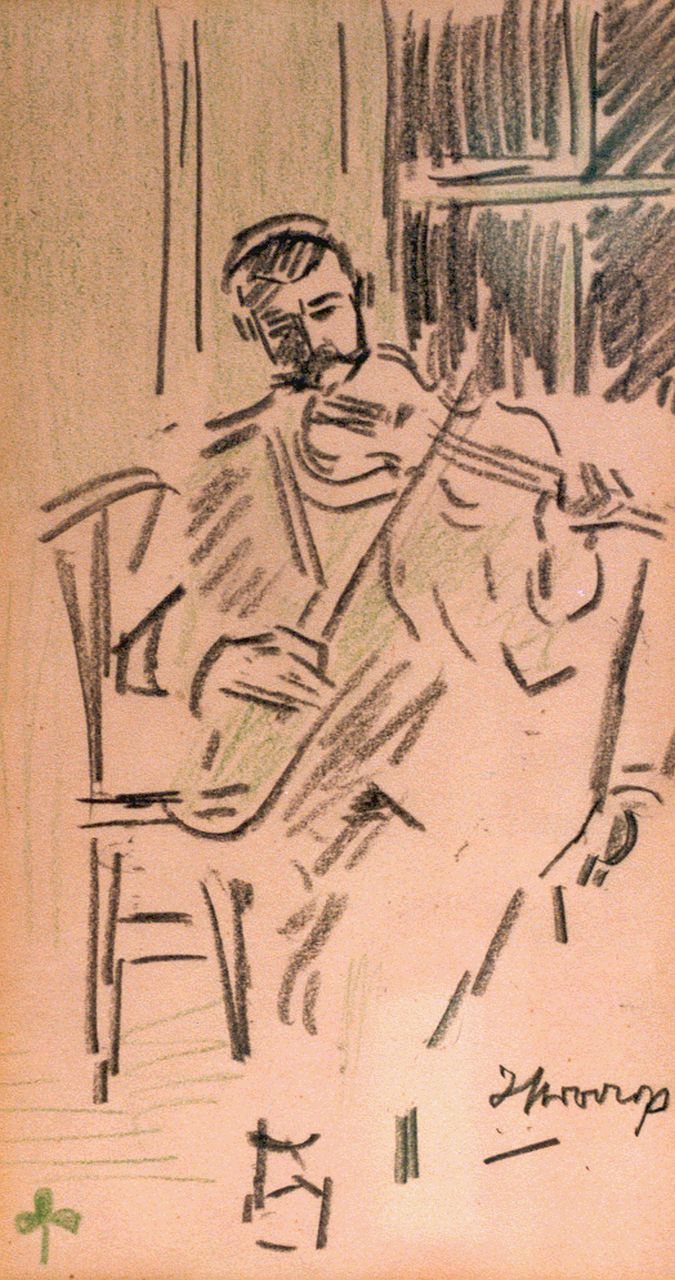 Toorop J.Th. | Johannes Theodorus 'Jan' Toorop, De violist, krijt op papier 22,5 x 13,0 cm, gesigneerd rechtsonder Toorop J.Th. | Johannes Theodorus 'Jan' Toorop, De violist, krijt op papier 22,5 x 13,0 cm, gesigneerd rechtsonder