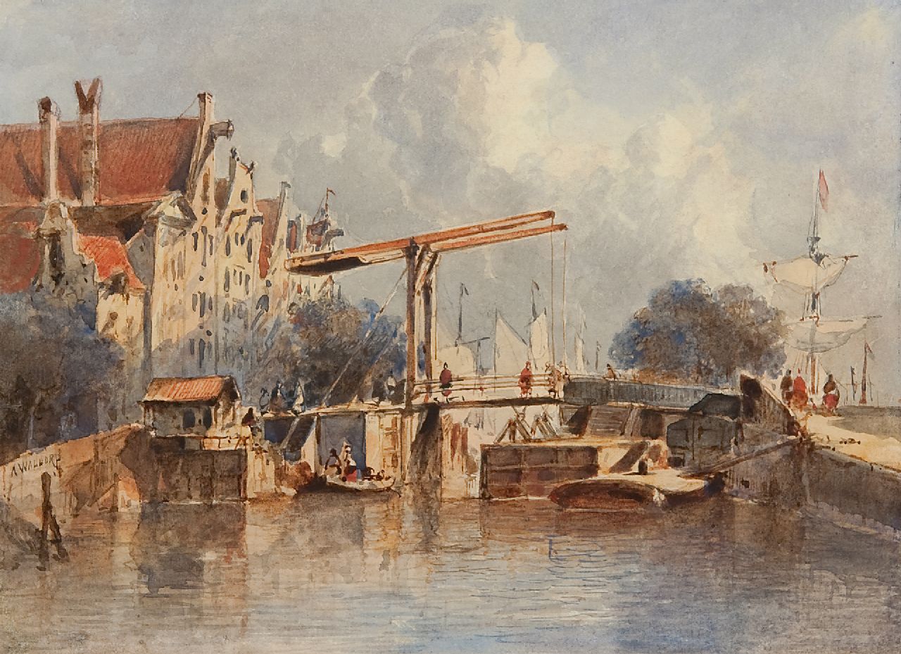 Waldorp A.  | Antonie Waldorp | Aquarellen en tekeningen te koop aangeboden | Gezicht op een Hollands sluisje, aquarel op papier 16,9 x 23,0 cm, gesigneerd links van het midden