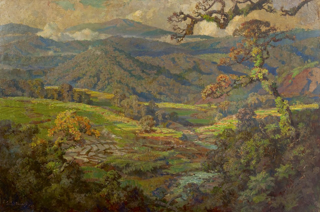 Dezentjé E. | Ernest Dezentjé, Landschap in Indonesië, olieverf op doek 103,0 x 150,3 cm, gesigneerd linksonder en gedateerd '48 Dezentjé E. | Ernest Dezentjé, Landschap in Indonesië, olieverf op doek 103,0 x 150,3 cm, gesigneerd linksonder en gedateerd '48