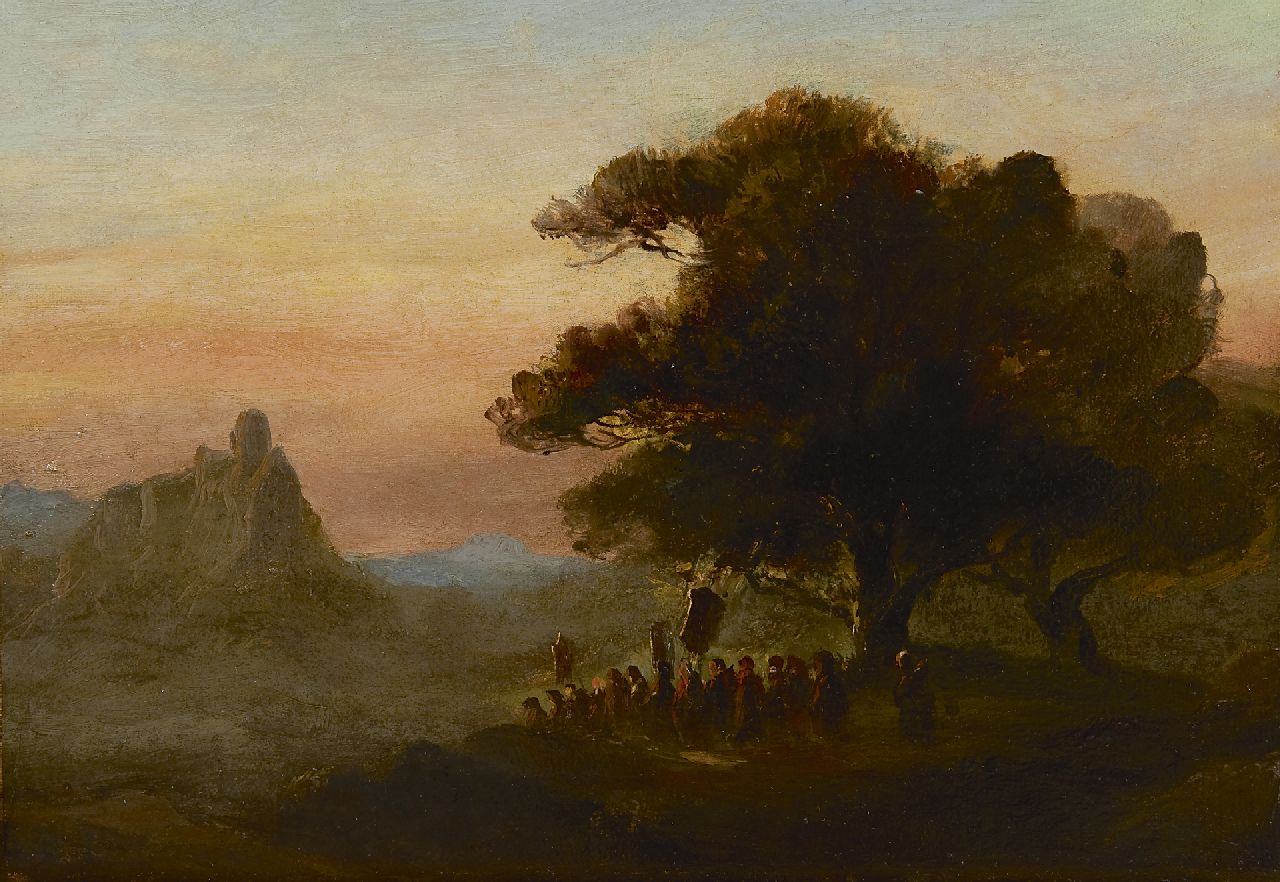 Tavenraat J. | Johannes Tavenraat, Landschap met processie onder een eik, olieverf op papier op paneel 24,0 x 34,0 cm Tavenraat J. | Johannes Tavenraat, Landschap met processie onder een eik, olieverf op papier op paneel 24,0 x 34,0 cm