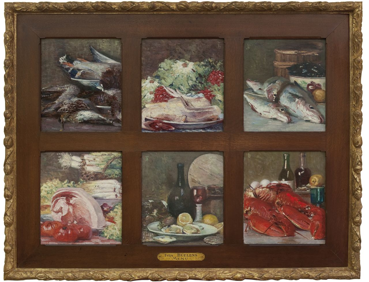 Buelens M.F. | Michel 'Félix' Buelens, Menu - zes schilderijen gevat in één lijst, olieverf op doek 40,2 x 35,4 cm, gesigneerd linksboven of rechtsboven met monogram en te dateren ca. 1905 Buelens M.F. | Michel 'Félix' Buelens, Menu - zes schilderijen gevat in één lijst, olieverf op doek 40,2 x 35,4 cm, gesigneerd linksboven of rechtsboven met monogram en te dateren ca. 1905