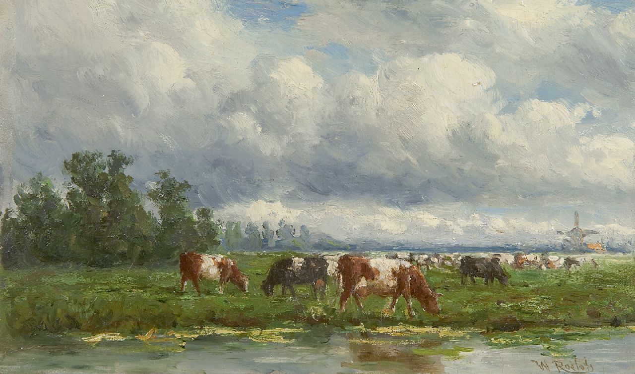 Roelofs W.  | Willem Roelofs, Vee in weidelandschap, olieverf op paneel 15,0 x 25,0 cm, gesigneerd rechtsonder
