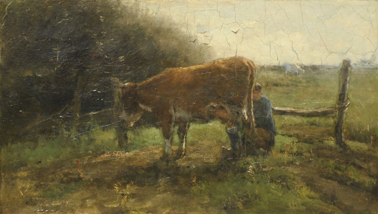 Maris W. | Willem Maris, Melkende boer, olieverf op doek 25,3 x 43,4 cm, gesigneerd rechtsonder Maris W. | Willem Maris, Melkende boer, olieverf op doek 25,3 x 43,4 cm, gesigneerd rechtsonder