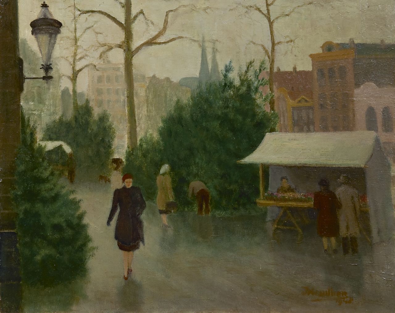 Houillier J.J. | Jan Jacob Houillier, Kerstmarkt op het Singel, Amsterdam, olieverf op board 40,3 x 50,4 cm, gesigneerd rechtsonder en gedateerd 1948 Houillier J.J. | Jan Jacob Houillier, Kerstmarkt op het Singel, Amsterdam, olieverf op board 40,3 x 50,4 cm, gesigneerd rechtsonder en gedateerd 1948