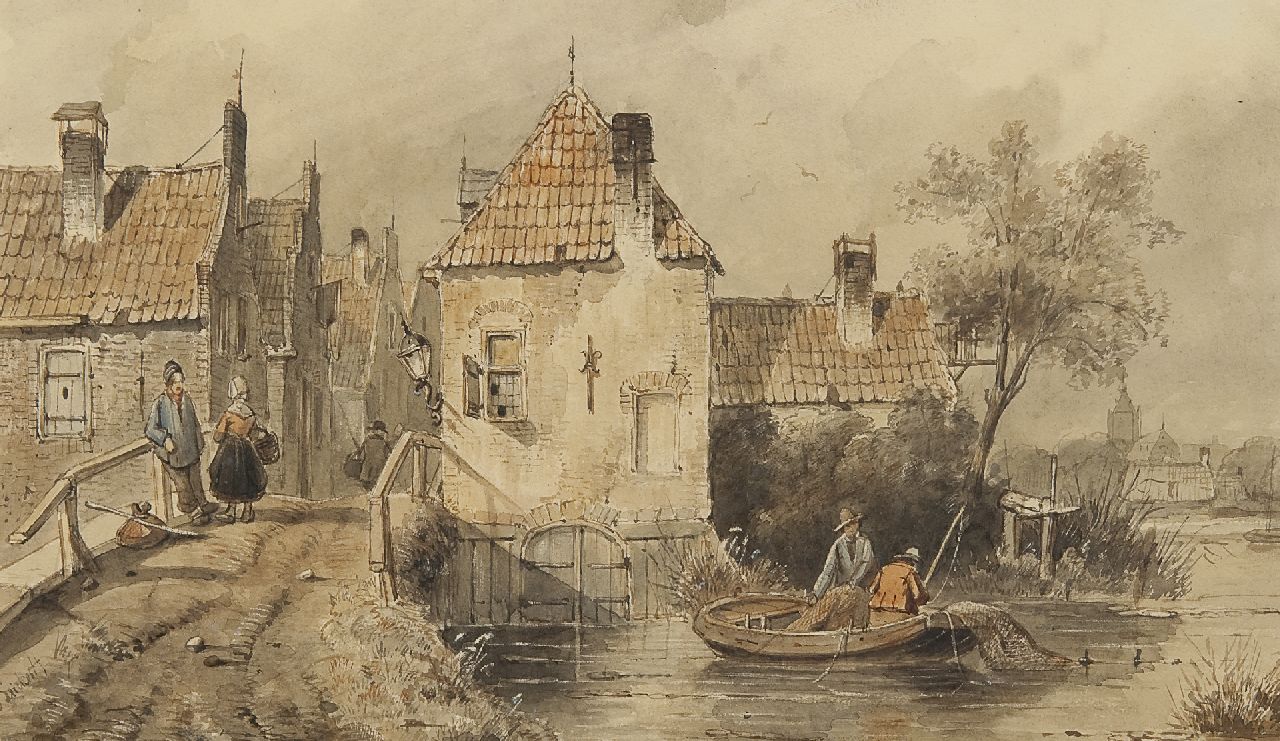 Leickert C.H.J.  | 'Charles' Henri Joseph Leickert, Dorpsgezicht met pratende figuren en vissers, pen en inkt en aquarel op papier 18,4 x 30,6 cm, gesigneerd linksonder