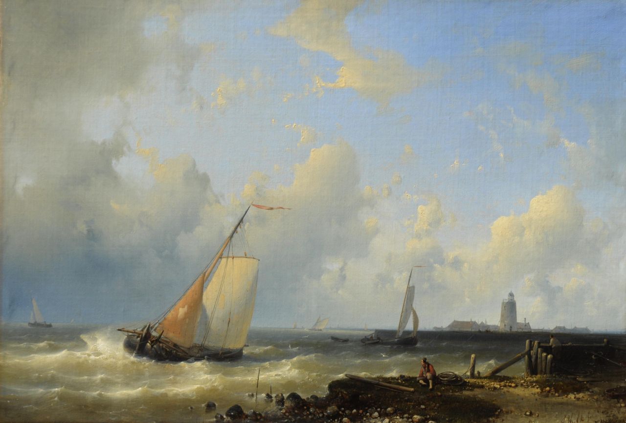 Hulk A. | Abraham Hulk, Schepen voor een havenmonding, olieverf op doek 37,5 x 54,4 cm, gesigneerd rechtsonder Hulk A. | Abraham Hulk, Schepen voor een havenmonding, olieverf op doek 37,5 x 54,4 cm, gesigneerd rechtsonder