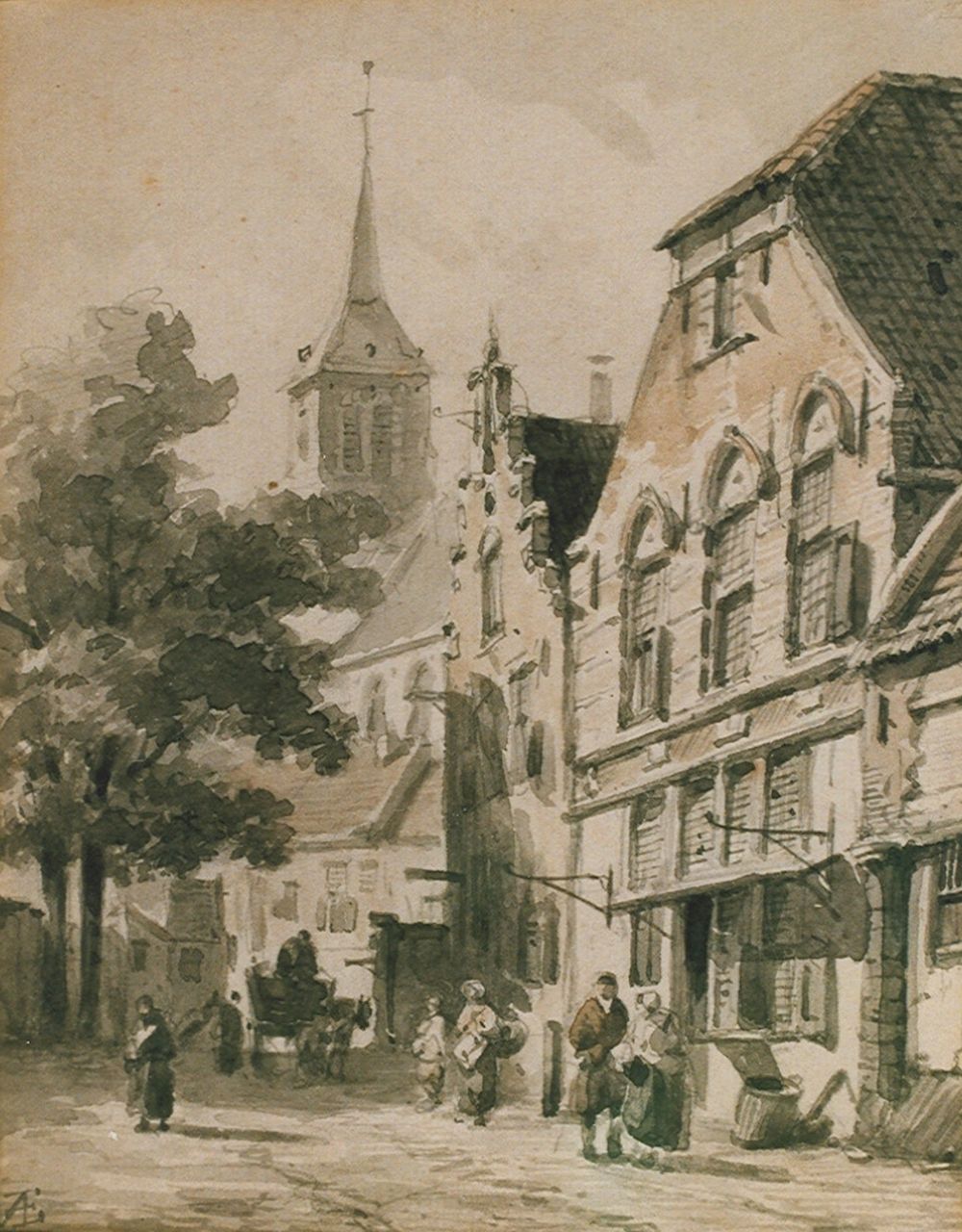 Eversen A. | Adrianus Eversen, Straatje met wandelaars en paard, sepia op papier 18,5 x 14,5 cm, gesigneerd linksonder mon Eversen A. | Adrianus Eversen, Straatje met wandelaars en paard, sepia op papier 18,5 x 14,5 cm, gesigneerd linksonder mon