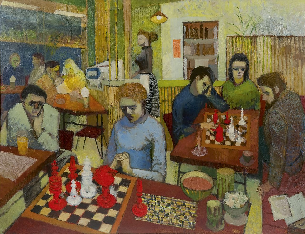 Europese School, 20e eeuw   | Europese School, 20e eeuw | Schilderijen te koop aangeboden | Schaakspelers in het café, olieverf op schildersboard 68,4 x 91,6 cm, gesigneerd rechtsonder met initialen 'R.S.' en gedateerd 1956, zonder lijst