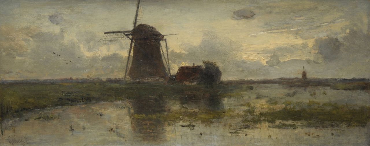 Gabriel P.J.C. | Paul Joseph Constantin 'Constan(t)' Gabriel, Molens in polderlandschap bij ondergaande zon, olieverf op doek 25,3 x 60,5 cm, gesigneerd linksonder Gabriel P.J.C. | Paul Joseph Constantin 'Constan(t)' Gabriel, Molens in polderlandschap bij ondergaande zon, olieverf op doek 25,3 x 60,5 cm, gesigneerd linksonder