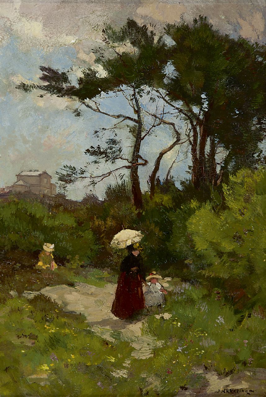 Akkeringa J.E.H.  | 'Johannes Evert' Hendrik Akkeringa, Zomerdag in de Scheveningse duinen, het Paviljoen Von Wied in de verte, olieverf op doek 34,9 x 24,1 cm, gesigneerd rechtsonder